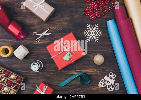 Merry Christmas concept. Top above high angle close up photo of beautiful full of eve noel newyear spirit atmosphere handmade presents on rustic Stock Photo