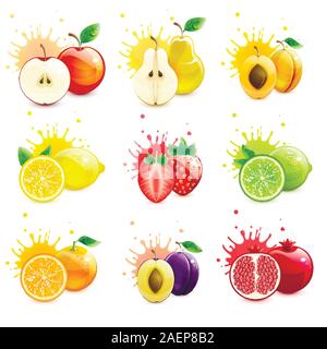 set of juicy fruits with splashes of juice on a white background Stock Vector