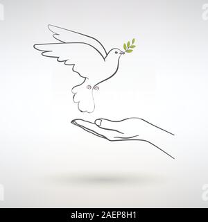 dove of peace flies to the open palm of man on a light background Stock Vector