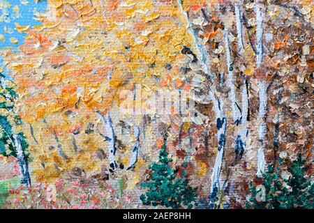 Close up details of an oil painting featuring birch trees in a fall forest. Stock Photo