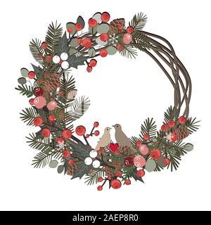 Beautiful Christmas decorative wreath of vine and pine branches, berries, ilex, cedar cones, and cute birds isolated on white background. Vector Stock Vector