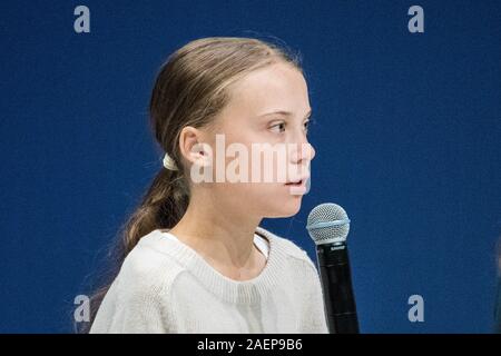 Greta Thunberg, environmental activist speaks during the 8th day UN Climate Change Conference COP 25 Chile-Madrid. Stock Photo