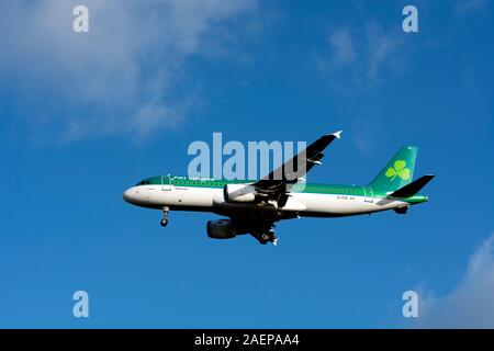 Aer Lingus Airbus A320-214 landing at Birmingham Airport, UK (EI-CVC) Stock Photo