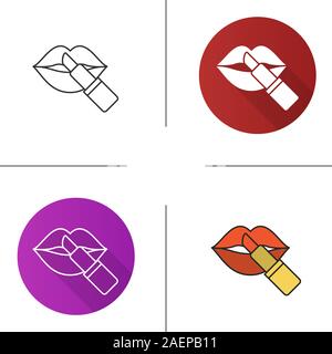 Lipstick with woman's lips icon. Flat design, linear and color styles. Isolated vector illustrations Stock Vector