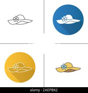 Women's beach hat icon. Flat design, linear and color styles. Isolated vector illustrations Stock Vector