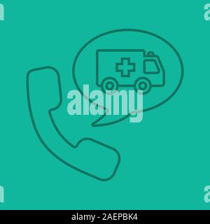 Phone call to ambulance linear icon. Handset with emergency car inside chat box. Thin line outline symbols on color background. Vector illustration Stock Vector