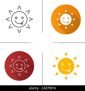 Yummy sun smile icon. Flat design, linear and color styles. Silly, goofy, foolish sun emoticon. Isolated vector illustrations Stock Vector