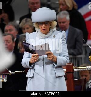 The Duchess of Cornwall during the commissioning ceremony of the Royal Navy aircraft carrier, HMS Prince of Wales, at Portsmouth Naval Base. Stock Photo