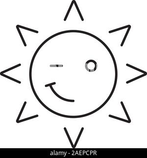 Winking sun smile linear icon. Good mood thin line illustration. Emoticon. Happy and funny sun face contour symbol. Vector isolated outline drawing Stock Vector