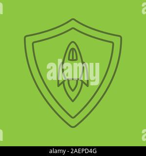 Startup projects protection linear icon. Security shield with spaceship. Thin line outline symbols on color background. Vector illustration Stock Vector
