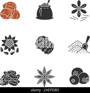 Spices glyph icons set. Silhouette symbols. Hazelnut, spices bag, saffron, sunflower seeds, walnut, bulk spices, dried goji berries, allspice, anise. Stock Vector