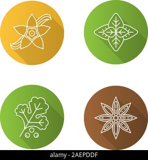 Spices flat linear long shadow icons set. Anise, basil, vanilla flower, coriander. Vector outline illustration Stock Vector