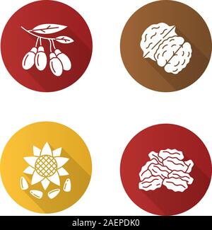 Spices flat design long shadow glyph icons set. Sunflower seeds, raisins, goji berries, walnut. Vector silhouette illustration Stock Vector