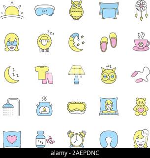 Sleeping accessories color icons set. Pillows, sleeping slippers, pills, earplugs, dreamcatcher, alarm clock, pajamas. Isolated vector illustrations Stock Vector