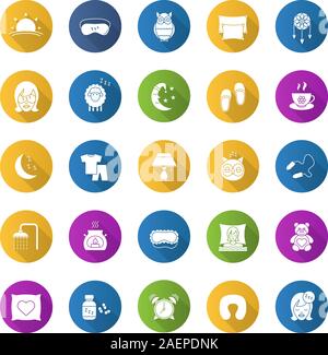 Sleeping accessories flat design long shadow glyph icons set. Pillows, sleeping slippers, pills, earplugs, dreamcatcher, alarm clock, pajamas. Vector Stock Vector