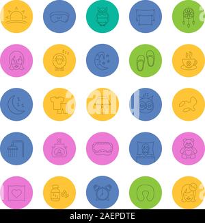Sleeping accessories linear icons set. Pillows, sleeping slippers, pills, earplugs, dreamcatcher, alarm clock, pajamas. Thin line outline symbols on c Stock Vector