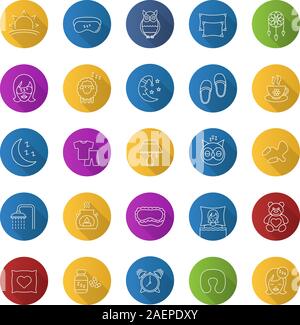 Sleeping accessories flat linear long shadow icons set. Pillows, sleeping slippers, pills, earplugs, dreamcatcher, alarm clock, pajamas. Vector outlin Stock Vector