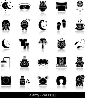 Sleeping accessories drop shadow black glyph icons set. Pillows, sleeping slippers, pills, earplugs, dreamcatcher, alarm clock, pajamas. Isolated vect Stock Vector