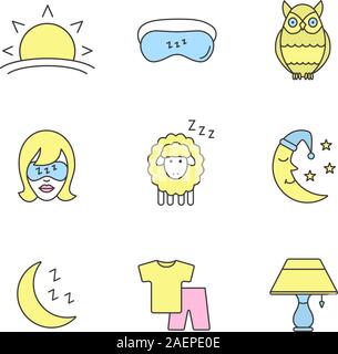 Sleeping accessories color icons set. Sunset, woman with sleeping mask, owl, sheep, moon, pajamas, table lamp. Isolated vector illustrations Stock Vector
