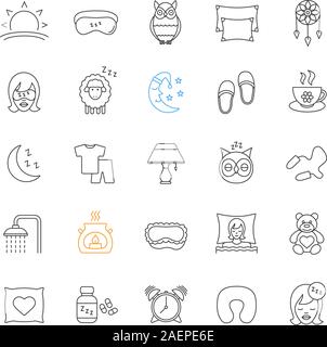 Sleeping accessories linear icons set. Thin line contour symbols. Pillows, sleeping slippers, pills, earplugs, dreamcatcher, alarm clock, pajamas. Iso Stock Vector