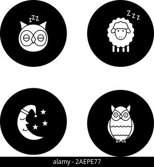 Nighttime glyph icons set. Sleeping owls and sheep, moon with stars. Vector white silhouettes illustrations in black circles Stock Vector