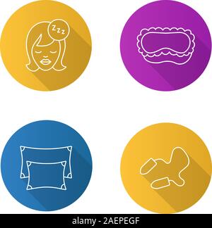 Sleeping accessories flat linear long shadow icons set. Pillows, earplugs, sleeping woman, mask. Vector outline illustration Stock Vector