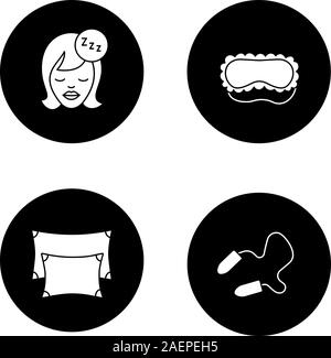 Sleeping accessories glyph icons set. Pillows, earplugs, sleeping woman, mask. Vector white silhouettes illustrations in black circles Stock Vector