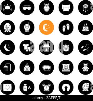 Sleeping accessories glyph icons set. Pillows, sleeping slippers, pills, earplugs, dreamcatcher, alarm clock, pajamas. Vector white silhouettes illust Stock Vector