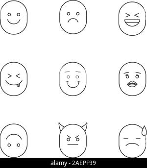 Smiles linear icons set. Thin line contour symbols. Good and bad mood emoticons. Smiling, laughing, sad, yummy, upside down, kissing, devil, disappoin Stock Vector