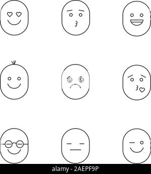 Smiles linear icons set. Emoticons. Good and bad mood. In love, kissing, laughing, dizzy, clever, serious, winking faces. Thin line contour symbols. I Stock Vector