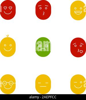 Smiles glyph color icon set. Silhouette symbols on white backgrounds. Good and bad mood. In love, kissing, laughing, dizzy, clever, serious, winking f Stock Vector
