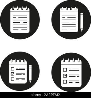 Notepads glyph icons set. Notebooks and to do lists with pencils. Vector white silhouettes illustrations in black circles Stock Vector