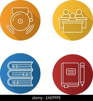 School flat linear long shadow icons set. Students, class journal with pencil, ringing school bell, books stack. Vector outline illustration Stock Vector