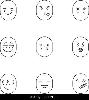 Smiles linear icons set. Thin line contour symbols. Good and bad mood. Smiling, kissing, sad, cool, dead, angry, laughing, sick emoticons. Isolated ve Stock Vector
