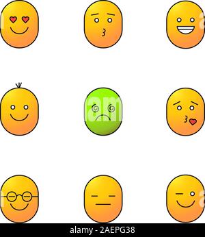 Smiles color icons set. Good and bad mood. Smiling, kissing, sad, cool ...