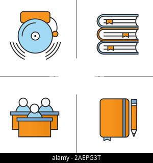 School color icons set. Students, class journal with pencil, ringing school bell, books stack. Isolated vector illustrations Stock Vector