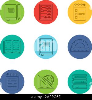 School and education linear icons set. Stationery items. Books, rulers, notepads, school journals, abacus. Thin line outline symbols on color circles. Stock Vector