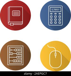 Accounting flat linear long shadow icons set. Bookkeeper's journal, abacus, calculator, computer mouse. Vector outline illustration Stock Vector