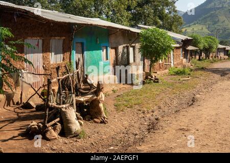 Ethiopia, Amhara Region, Ambara, traditional wood and mud rendered village houses beside Debark to Axum road Stock Photo