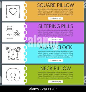 Sleeping accessories web banner templates set. Square and neck pillows, alarm clock, sleeping pills. Website color menu items with linear icons. Vecto Stock Vector
