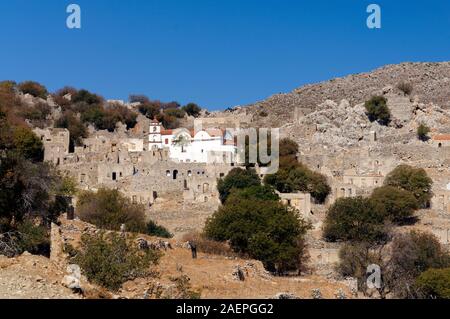 The abandoned village of  Mikro Horio, Tilos, Dodecanese islands, Southern Aegean, Greece. Stock Photo