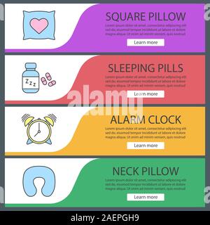 Sleeping accessories web banner templates set. Pillows, alarm clock, sleeping pills. Website color menu items. Vector headers design concepts Stock Vector