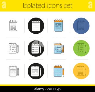 Notepads icons set. Linear, black and color styles. Notebooks and to do lists with pencils. Isolated vector illustrations Stock Vector