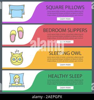 Sleeping accessories web banner templates set. Pillows, sleeping woman and owl, bedroom slippers. Website color menu items. Vector headers design conc Stock Vector