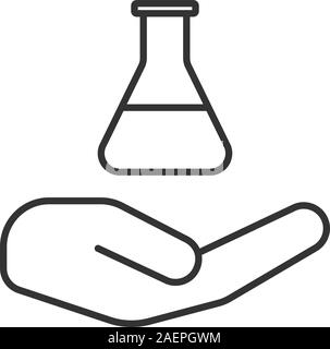 Open hand with lab flask linear icon. Laboratory services. Thin line illustration. Lab supplies. Contour symbol. Vector isolated outline drawing Stock Vector