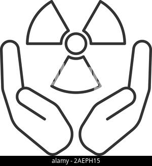 Open palms with atomic power symbol linear icon. Thin line illustration. Safe nuclear power. Contour symbol. Vector isolated outline drawing Stock Vector