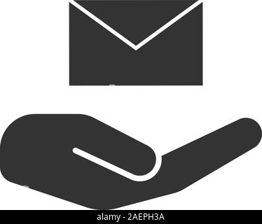 Open hand with envelope glyph icon. Silhouette symbol. Free email services. Negative space. Vector isolated illustration Stock Vector