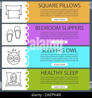 Sleeping accessories web banner templates set. Bedroom slippers, square pillows, sleeping woman and owl. Website color menu items with linear icons. V Stock Vector