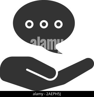 Open hand with speech bubble glyph icon. Silhouette symbol. Free chatting. Negative space. Vector isolated illustration Stock Vector