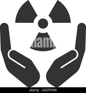 Open palms with radioactive symbol glyph icon. Silhouette symbol. Safe nuclear power. Negative space. Vector isolated illustration Stock Vector